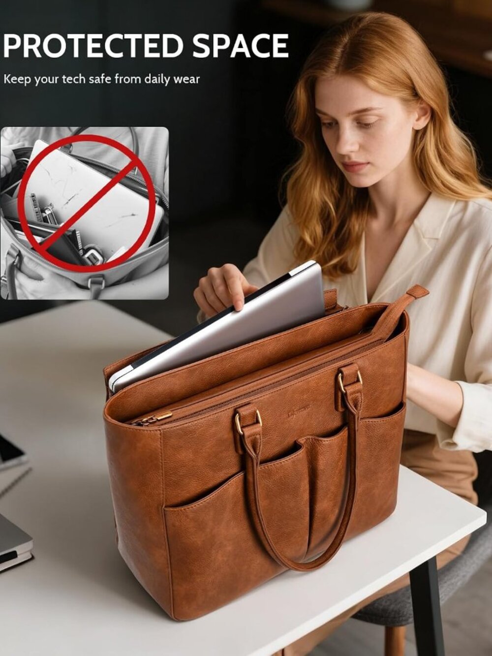 Laptop Tote Bag For Women, Leather Work Tote With Padded Laptop Compartment, Cup View 4